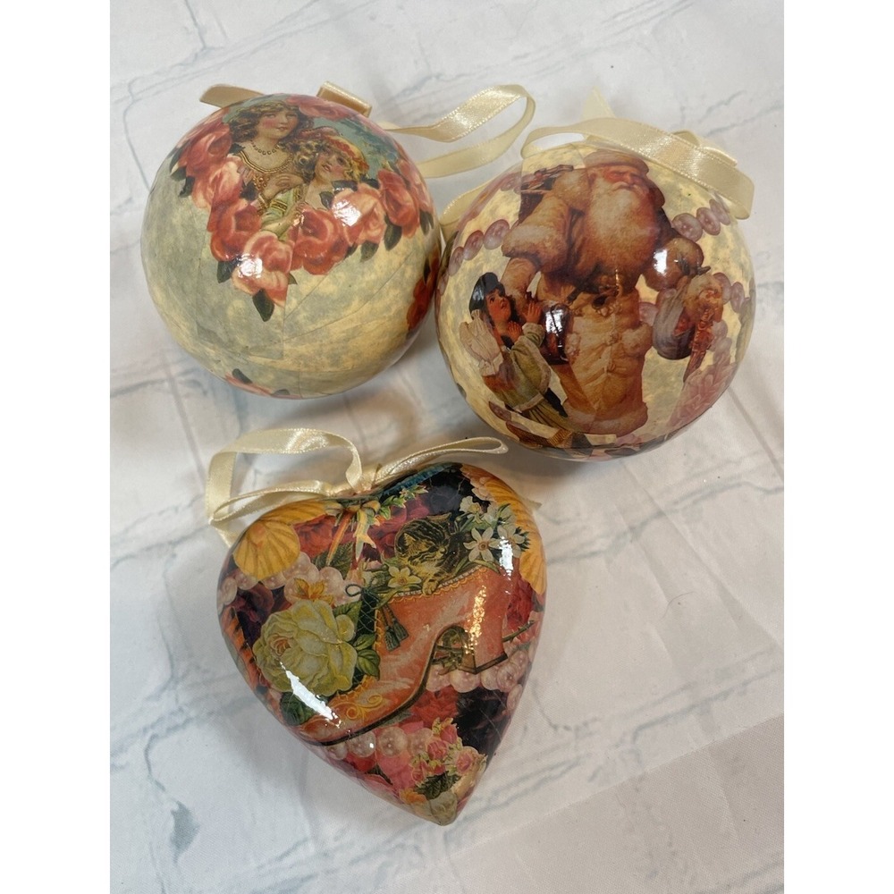 paper-mâché vintage shabby chic christmas Ball & Heart Shaped ornaments Holiday‎